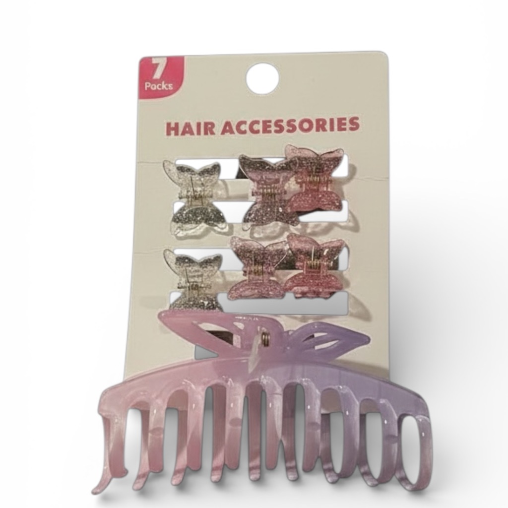 Carded set of butterfly hair clips and a large claw clip on a retail hanging card